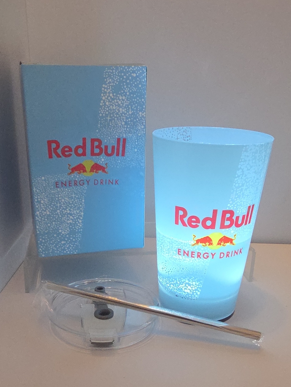 Red Bull Energy Drink Light Up Plastic 14oz. Cup w/ Lid Straw & Box -Sky Blue